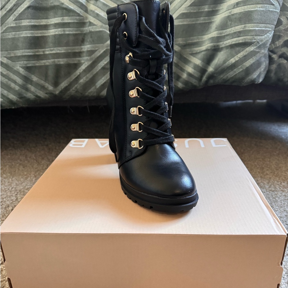 JustFab Shandee Black Lace-Up High Heel Boots - Picture 3 of 5